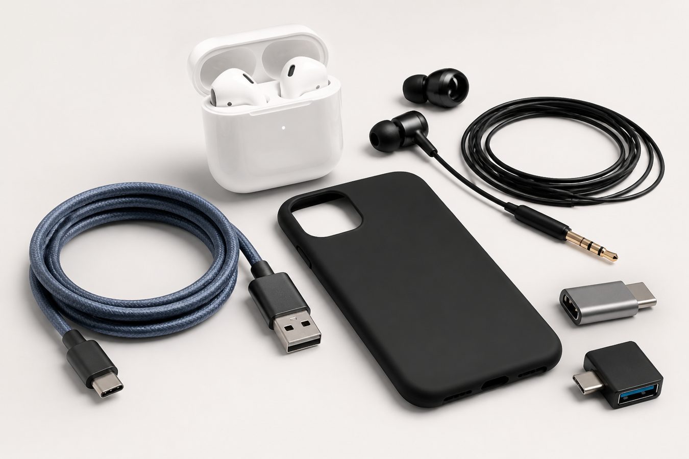 Bluetooth earbuds, wired headphones, cables, phone cases and adapters display