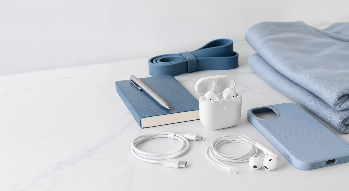 Bluetooth earbuds, wired headphones, phone accessories, stationery and sports goods display